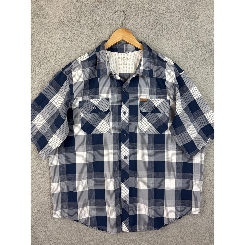 Orvis Shirt Men 2XL Blue Plaid Short Sleeve Polyester Button-Up Outdoors Fishing